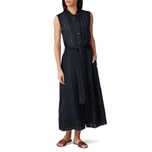 Vince Navy Blue Striped Button Front Belted Maxi Shirtdress Women's Size Medium - Picture 2 of 10